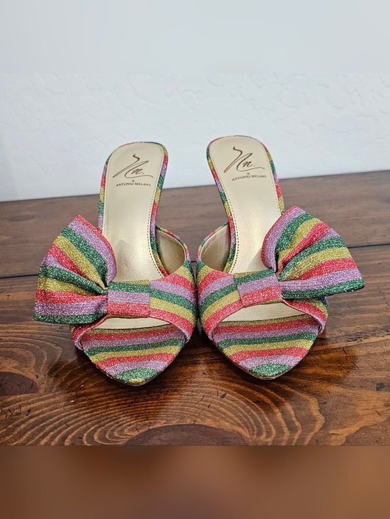 ANTONIO MELANI Shoes - Antonio Melani Rainbow Metallic Glitter Striped Bow Slide heels Women's Sz 6